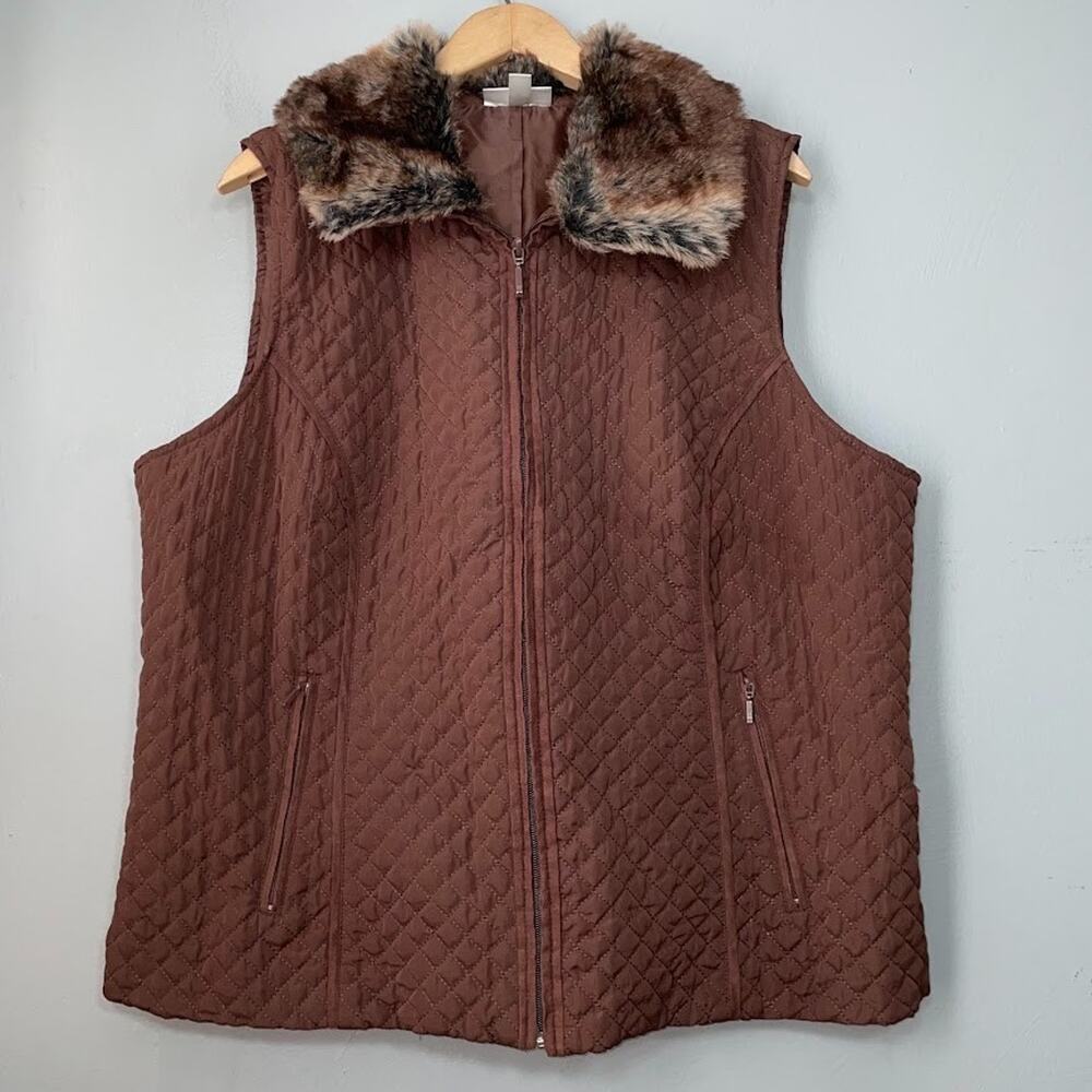 Quilted Vest Plus Size 2X Dark Brown Zip Mob Wife Gilet Removable Fur Collar